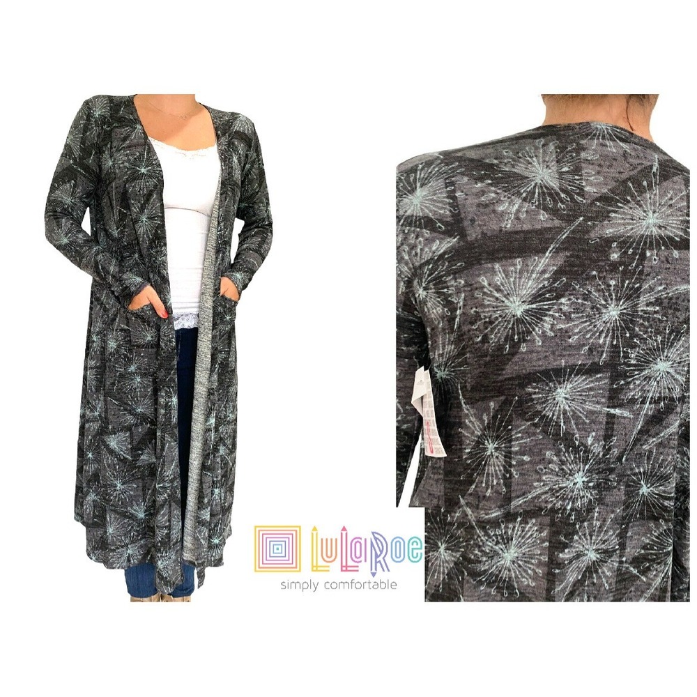 LULAROE Sarah Cardigan Sweater Duster Long Pockets Black Gray Starburstโ NWT S